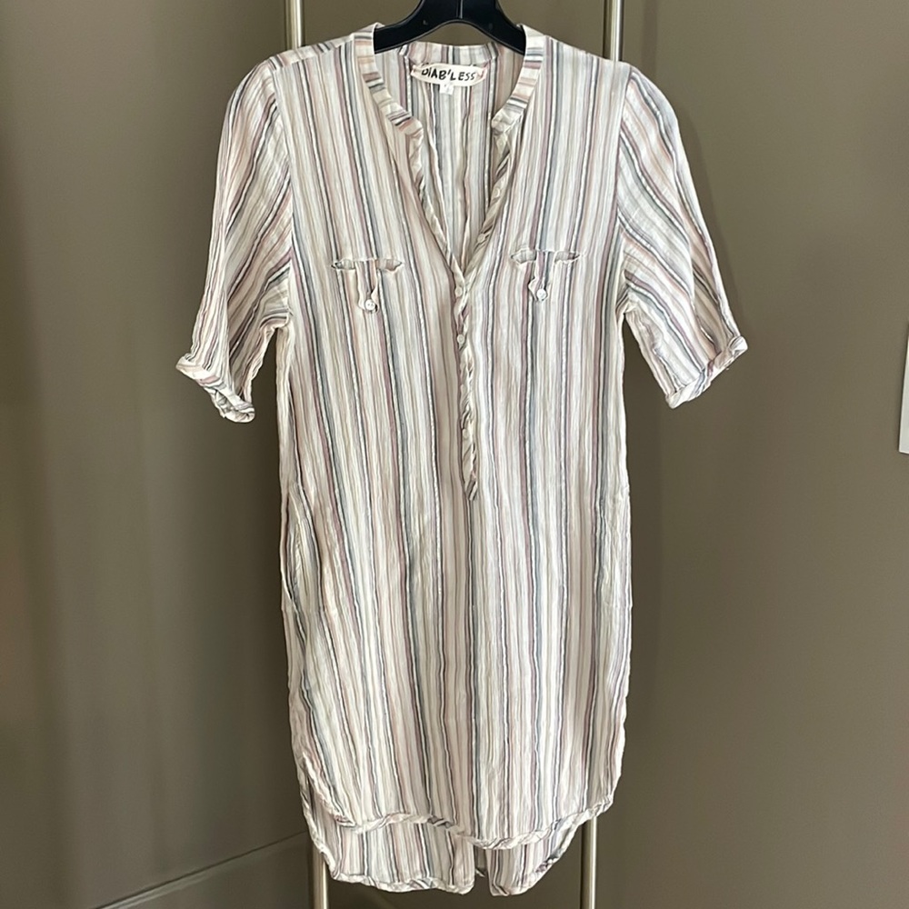 DIAB’LESS tunic - coverup w/ lurex & pale colored stripes. button front closures